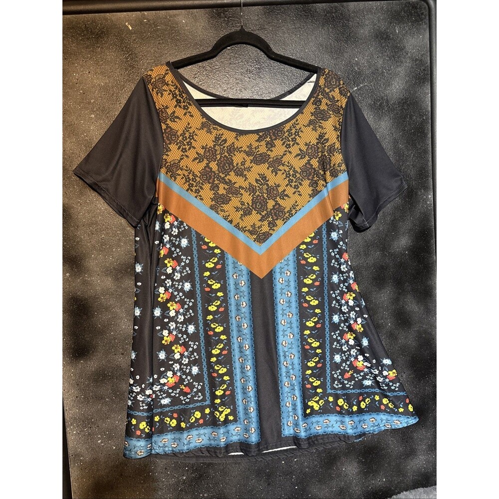 Lily Black BOHO Floral Short Sleeve Short Mini Shift Dress Size XL Hippie Summer